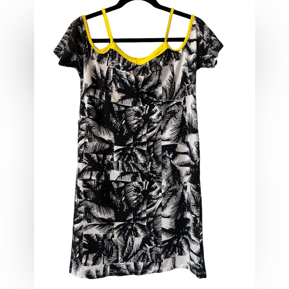 Fabletics Tina Mini Dress Small Black White Malibu Daffodil Palms Cold Shoulder